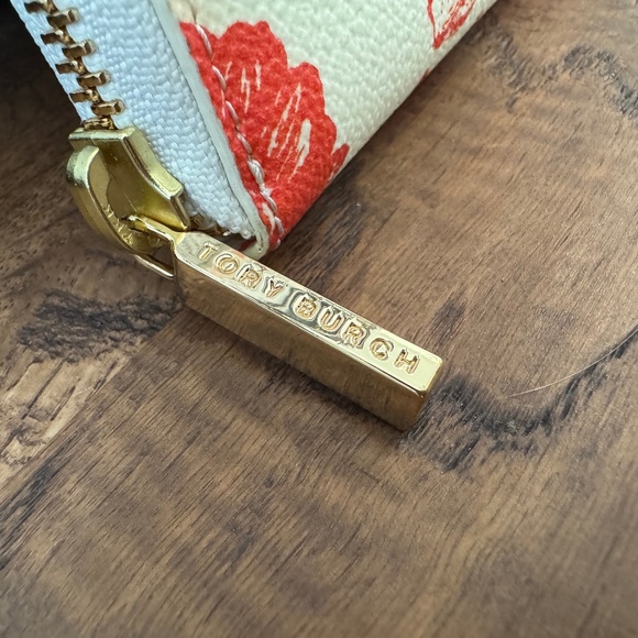 Tory Burch Floral Leather Zip Around Wallet Red Orange C - Picture 3 of 10